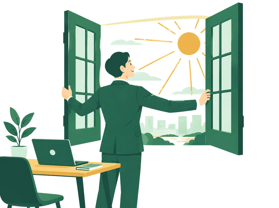 緑の両開きの窓を開けると、光が差し込む